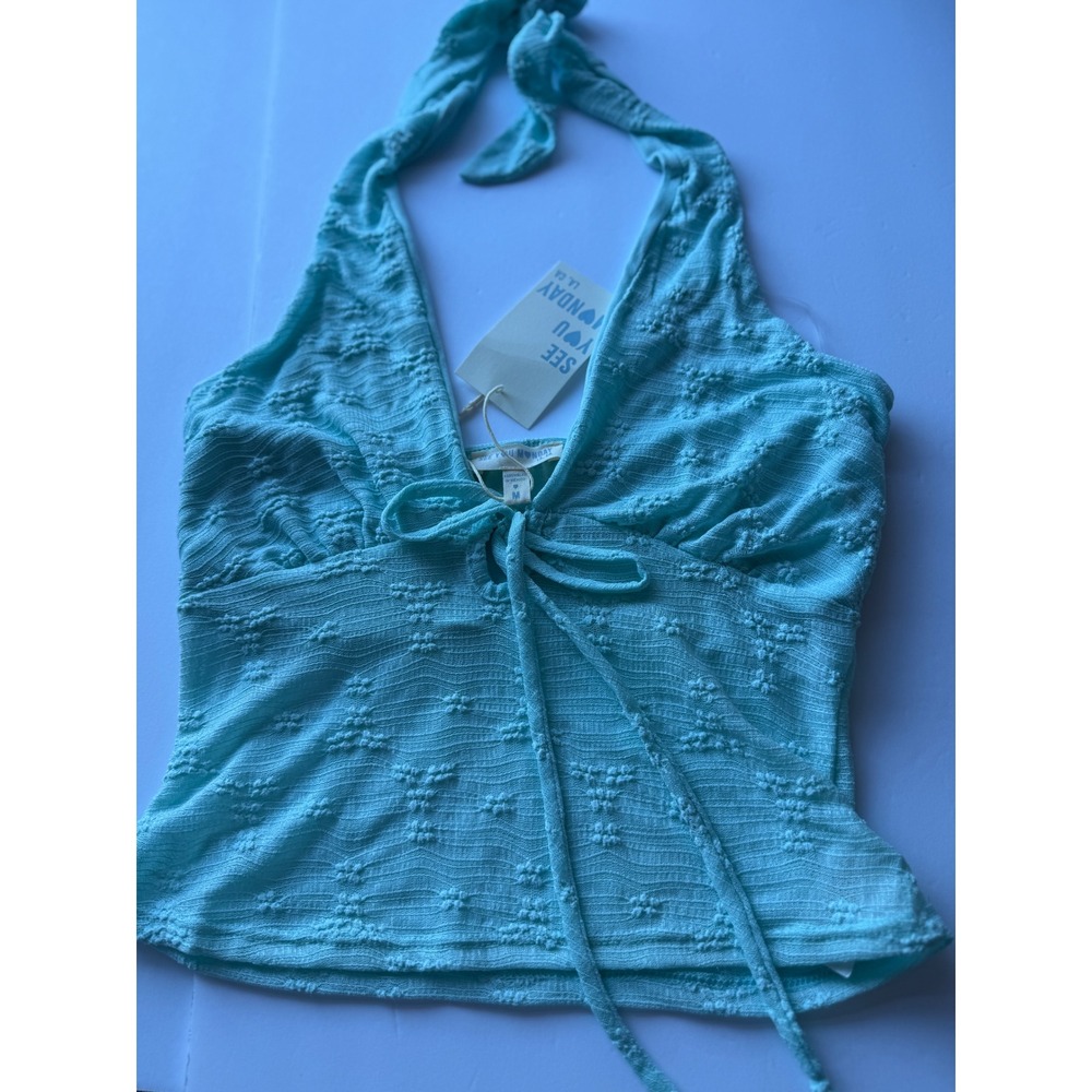 See You Monday Aqua Blue Textured Floral Halter Tie Front Top ST8459-L Size M